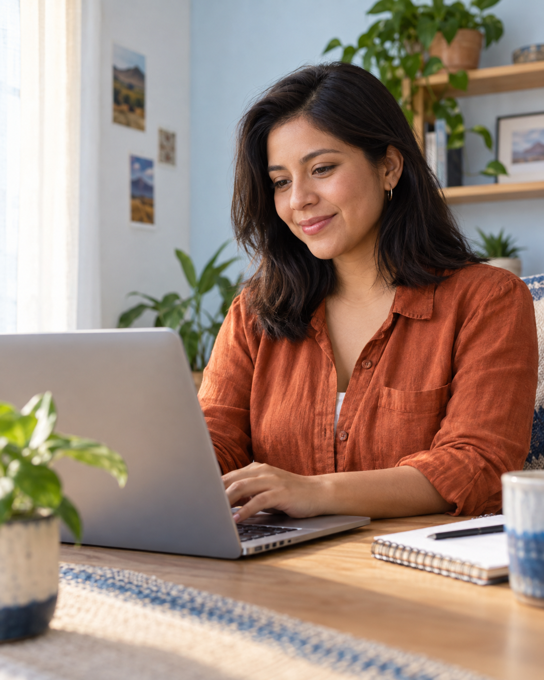 Mujer trabajando con una computadora portátil desde su hogar